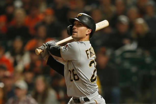 Adam Frazier of the Pittsburgh Pirates at bat against the San Francisco Giants at Oracle Park on July 23, 2021 in San Francisco, California.