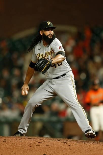 Richard Rodriguez of the Pittsburgh Pirates pitches against the San Francisco Giants at Oracle Park on July 23, 2021 in San Francisco, California.