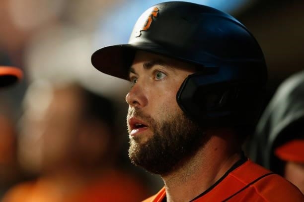 Darin Ruf of the San Francisco Giants looks on during the game against the Pittsburgh Pirates at Oracle Park on July 23, 2021 in San Francisco,...
