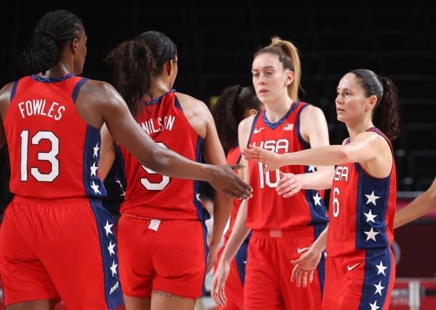 Sue Bird of Team United States celebrates against Nigeria with teammates Sylvia Fowles, A'Ja Wilson and Breanna Stewart during the second half of a...