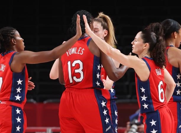 Sue Bird of Team United States celebrates against Nigeria with teammate Ariel Atkins of Team United Statesduring the second half of a Women's...