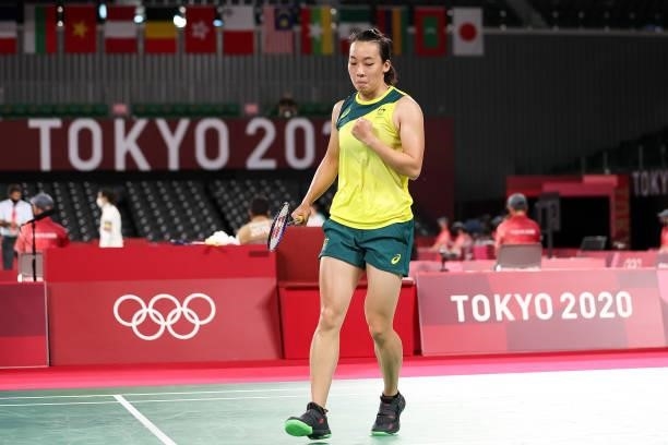 Hsuan-Yu Wendy Chen of Team Australia reacts as she competes against Linda Zetchiri of Team Bulgaria during a Women’s Singles Group I match on day...