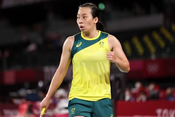 Hsuan-Yu Wendy Chen of Team Australia reacts as she competes against Linda Zetchiri of Team Bulgaria during a Women’s Singles Group I match on day...