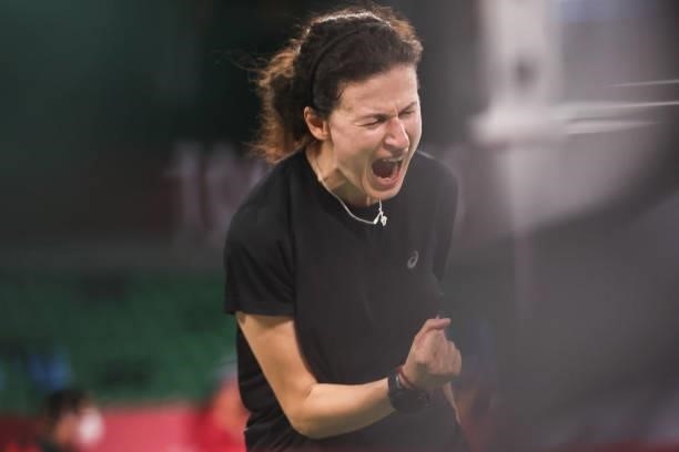 Linda Zetchiri of Team Bulgaria reacts as she competes against Hsuan-Yu Wendy Chen of Team Australia during a Women’s Singles Group I match on day...