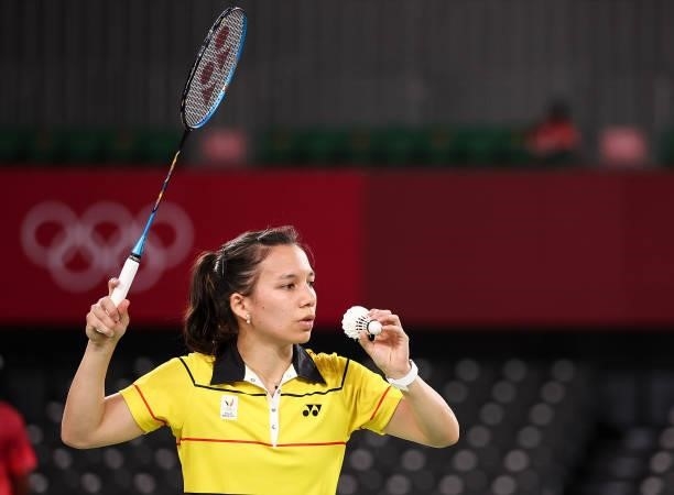Lianne Tan of Team Belgium competes against Thet Htar Thuzar of Team Myanmar during a Women’s Singles Group M match on day four of the Tokyo 2020...