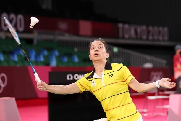 Lianne Tan of Team Belgium competes against Thet Htar Thuzar of Team Myanmar during a Women’s Singles Group M match on day four of the Tokyo 2020...