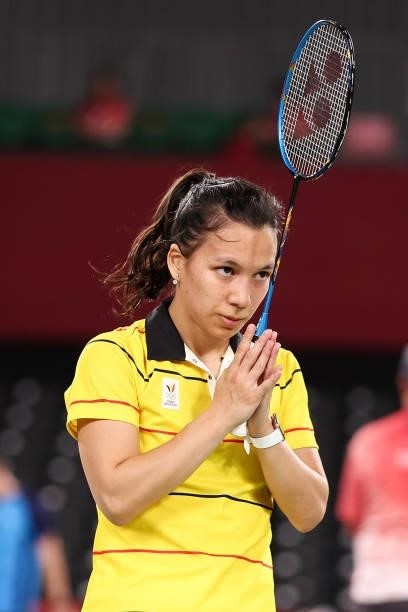 Lianne Tan of Team Belgium reacts as she wins against Thet Htar Thuzar of Team Myanmar during a Women’s Singles Group M match on day four of the...