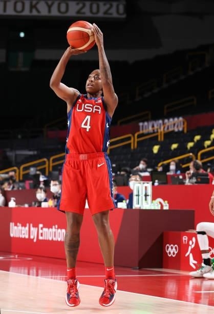 Jewell Loyd of Team United States shoots against Nigeria during the second half of a Women's Preliminary Round Group B game on day four of the Tokyo...