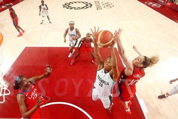 Oderah Chidom of Team Nigeria and Breanna Stewart of Team United States go up for a rebound during the second half of a Women's Preliminary Round...