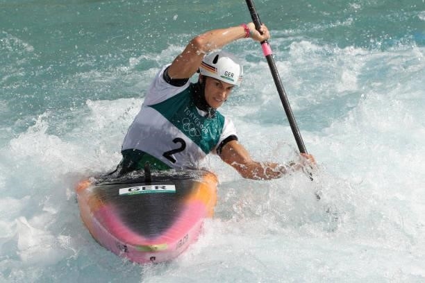 Ricarda Funk of Team Germany competes during the Women's Kayak Slalom Semi-final on day four of the Tokyo 2020 Olympic Games at Kasai Canoe Slalom...