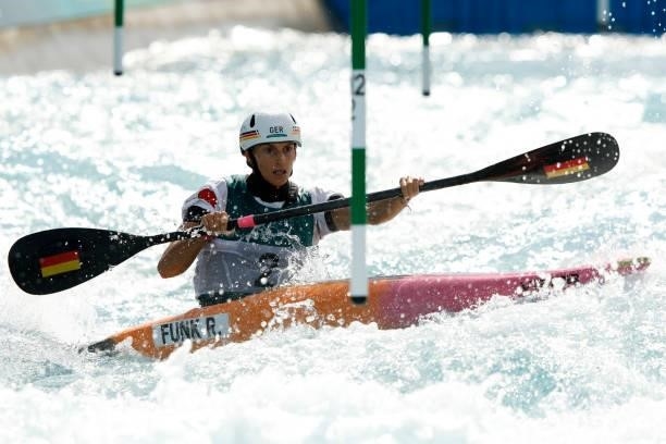 Ricarda Funk of Team Germany competes during the Women's Kayak Slalom Semi-final on day four of the Tokyo 2020 Olympic Games at Kasai Canoe Slalom...