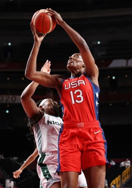 Sylvia Fowles of Team United States goes up for a shot against Nigeria during the second half of a Women's Preliminary Round Group B game on day four...