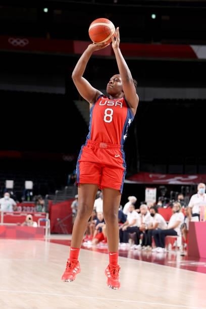 Chelsea Gray of Team United States shoots against Nigeria during the second half of a Women's Preliminary Round Group B game on day four of the Tokyo...