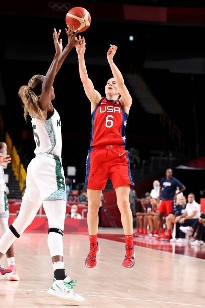 Sue Bird of Team United States shoots against Victoria Macaulay of Team Nigeria during the second half of a Women's Preliminary Round Group B game on...