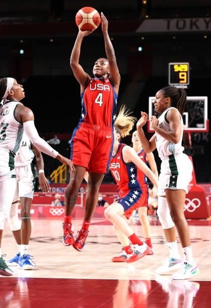Jewell Loyd of Team United States shoots against Nigeria during the second half of a Women's Preliminary Round Group B game on day four of the Tokyo...