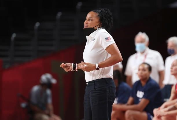 Head coach Dawn Staley of Team United States reacts against Nigeria during a Women's Preliminary Round Group B game on day four of the Tokyo 2020...