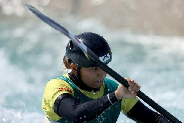 Aki Yazawa of Team Japan competes during the Women's Kayak Slalom Semi-final on day four of the Tokyo 2020 Olympic Games at Kasai Canoe Slalom Centre...