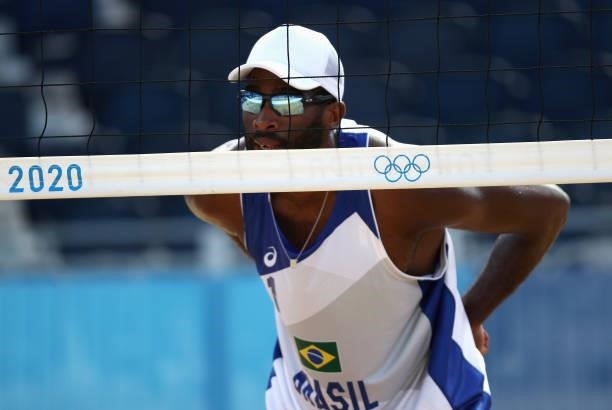 Evandro Goncalves Oliveira Junior of Team Brazil competes against Team Morocco during the Men's Preliminary - Pool E beach volleyball on day four of...