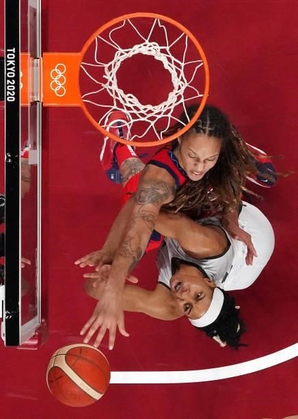 Brittney Griner of Team United States blocks a shot by Pallas Kunaiyi-Akpanah of Team Nigeria during the second half of a Women's Preliminary Round...