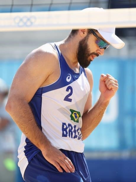 Bruno Oscar Schmidt of Team Brazil reacts as he competes against Team Morocco during the Men's Preliminary - Pool E beach volleyball on day four of...