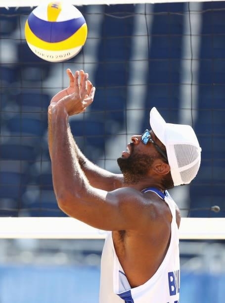 Evandro Goncalves Oliveira Junior competes against Team Morocco during the Men's Preliminary - Pool E beach volleyball on day four of the Tokyo 2020...