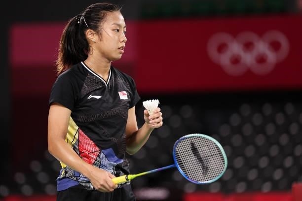 Yeo Jia Min of Team Singapore competes against Haramara Gaitan of Team Mexico during a Women’s Singles Group K match on day four of the Tokyo 2020...