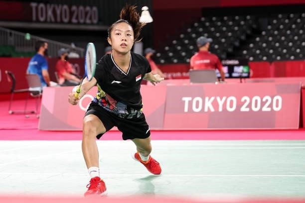 Yeo Jia Min of Team Singapore competes against Haramara Gaitan of Team Mexico during a Women’s Singles Group K match on day four of the Tokyo 2020...