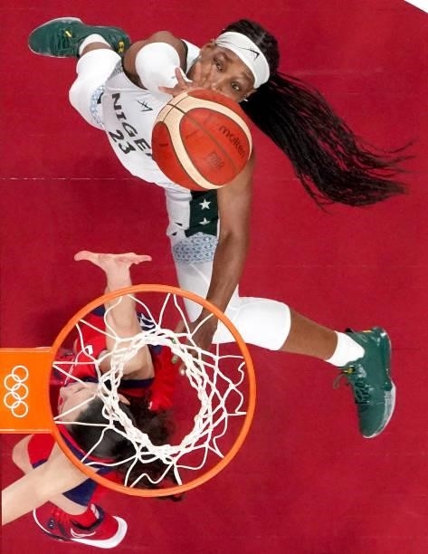 Ezinne Kalu of Team Nigeria goes up for a shot against United States of America during the second half of a Women's Preliminary Round Group B game on...