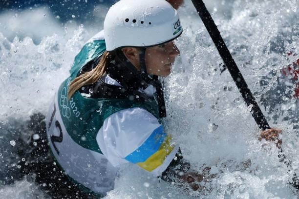 Viktoriia Us of Team Ukraine competes during the Women's Kayak Slalom Semi-final on day four of the Tokyo 2020 Olympic Games at Kasai Canoe Slalom...