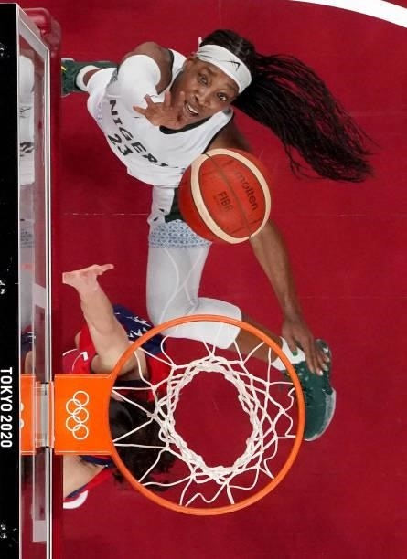 Ezinne Kalu of Team Nigeria goes up for a shot against United States of America during the second half of a Women's Preliminary Round Group B game on...