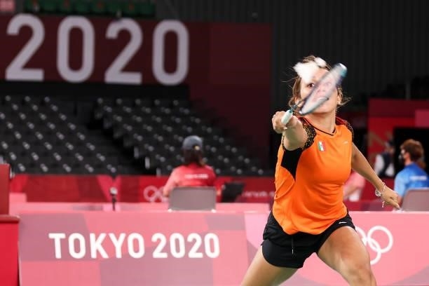 Haramara Gaitan of Team Mexico competes against Yeo Jia Min of Team Singapore during a Women’s Singles Group K match on day four of the Tokyo 2020...