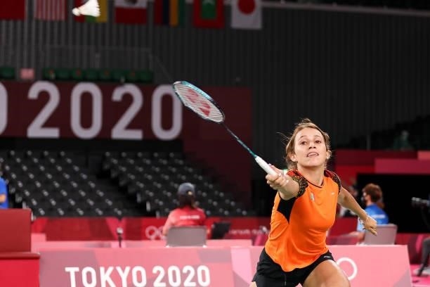 Haramara Gaitan of Team Mexico competes against Yeo Jia Min of Team Singapore during a Women’s Singles Group K match on day four of the Tokyo 2020...