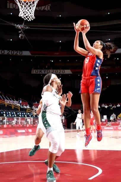 Ja Wilson of Team United States shoots against Nigeria during the second half of a Women's Preliminary Round Group B game on day four of the Tokyo...