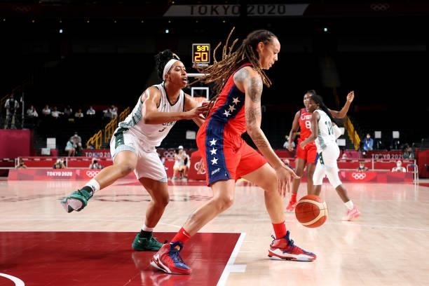 Brittney Griner of Team United States is defended by Pallas Kunaiyi-Akpanah of Team Nigeria during the second half of a Women's Preliminary Round...