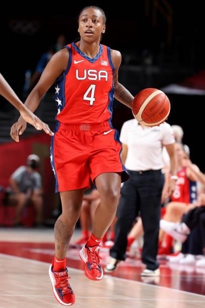 Jewell Loyd of Team United States brings the ball up court against Nigeria during the second half of a Women's Preliminary Round Group B game on day...