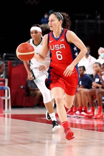 Sue Bird of Team United States brings the ball up court against Nigeria during the second half of a Women's Preliminary Round Group B game on day...
