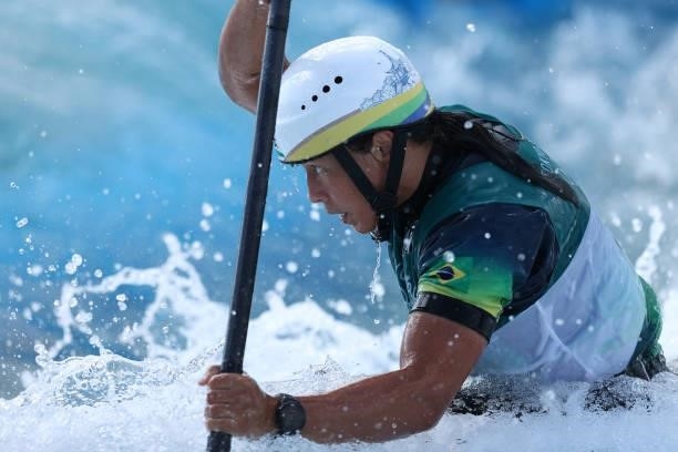 Ana Satila of Team Brazil competes during the Women's Kayak Slalom Semi-final on day four of the Tokyo 2020 Olympic Games at Kasai Canoe Slalom...