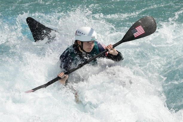 Evy Leibfarth of Team United States competes during the Women's Kayak Slalom Semi-final on day four of the Tokyo 2020 Olympic Games at Kasai Canoe...