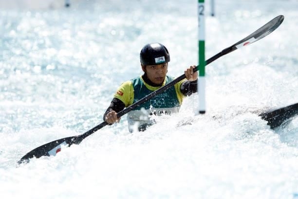 Aki Yazawa of Team Japan competes during the Women's Kayak Slalom Semi-final on day four of the Tokyo 2020 Olympic Games at Kasai Canoe Slalom Centre...