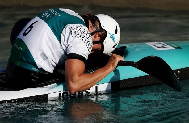 Luuka Jones of Team New Zealand reacts after her run in the Women's Kayak Slalom Final on day four of the Tokyo 2020 Olympic Games at Kasai Canoe...