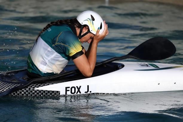 Jessica Fox of Team Australia reacts after her run in the Women's Kayak Slalom Final on day four of the Tokyo 2020 Olympic Games at Kasai Canoe...