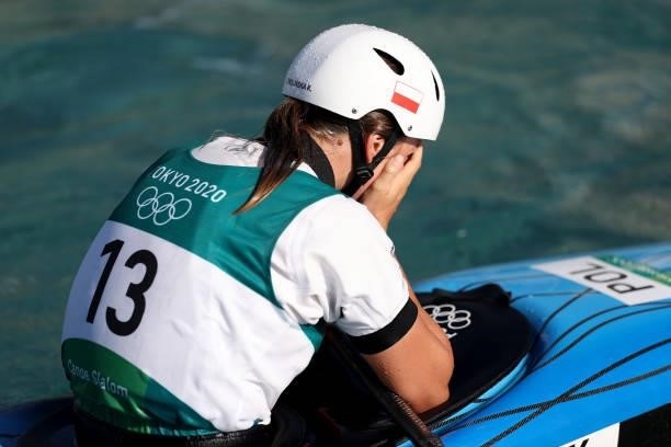 Klaudia Zwolinska of Team Poland reacts after her run in the Women's Kayak Slalom Final on day four of the Tokyo 2020 Olympic Games at Kasai Canoe...