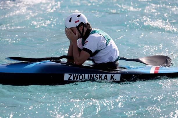 Klaudia Zwolinska of Team Poland reacts after her run in the Women's Kayak Slalom Final on day four of the Tokyo 2020 Olympic Games at Kasai Canoe...
