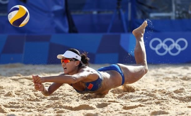 Chen Xue of Team China competes against Team Netherlands during the Women's Preliminary - Pool B beach volleyball on day four of the Tokyo 2020...