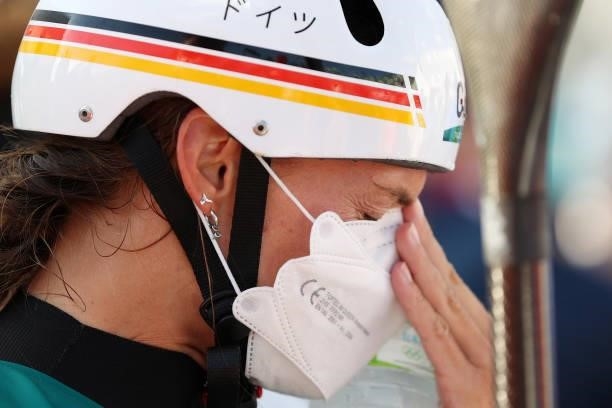 Ricarda Funk of Team Germany reacts after her gold medal winning run in the Women's Kayak Slalom Final on day four of the Tokyo 2020 Olympic Games at...