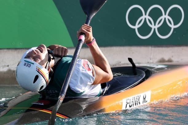 Ricarda Funk of Team Germany reacts after her run in the Women's Kayak Slalom Final on day four of the Tokyo 2020 Olympic Games at Kasai Canoe Slalom...