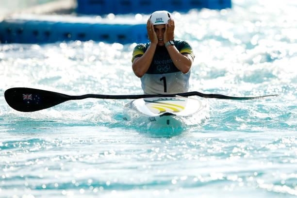 Jessica Fox of Team Australia reacts after her run in the Women's Kayak Slalom Final on day four of the Tokyo 2020 Olympic Games at Kasai Canoe...
