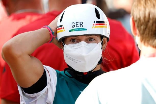Ricarda Funk of Team Germany reacts after her gold medal winning run in the Women's Kayak Slalom Final on day four of the Tokyo 2020 Olympic Games at...