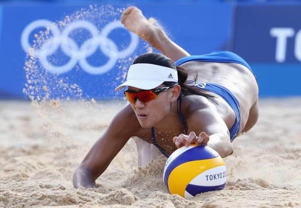 Chen Xue of Team China competes against Team Netherlands during the Women's Preliminary - Pool B beach volleyball on day four of the Tokyo 2020...