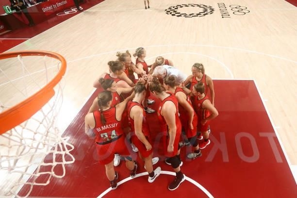 Team Belgium huddles up before their game against Team Australia in Women's Preliminary Round Group C action on day four of the Tokyo 2020 Olympic...